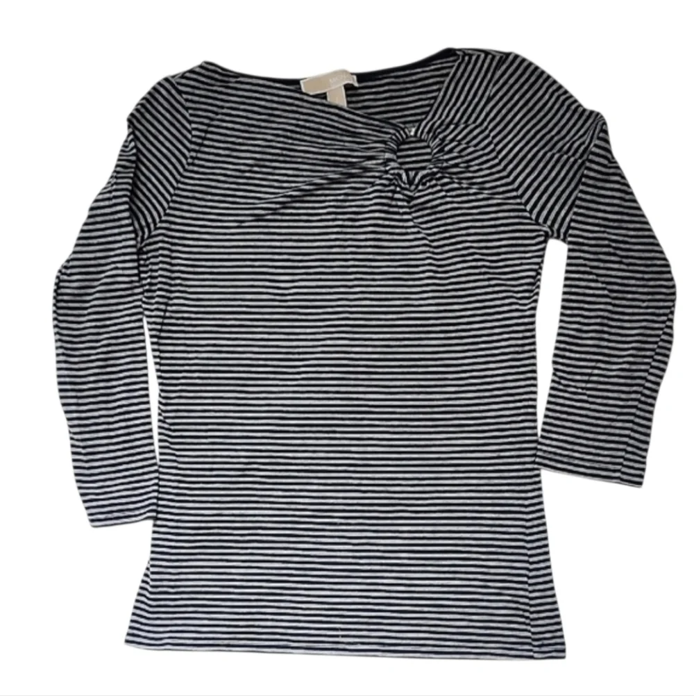 Michael Kors Navy and White Striped Stretch Cotton Knit Top Logo Ring Detail S